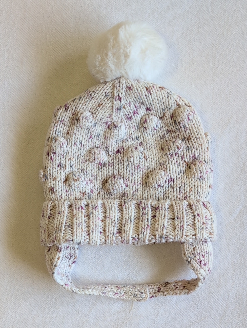 BABY GAP | Confetti Popcorn Knit Fleece Lined Winter Trapper Hat Pom Pom | 0-6M